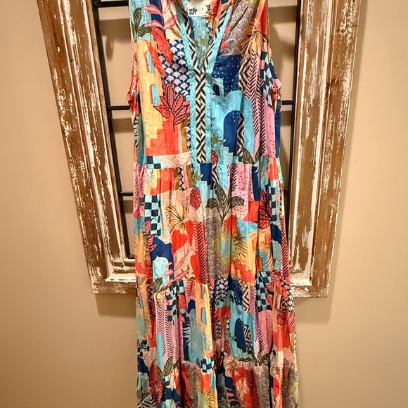Lulalife Multicolor Patchwork Maxi Dress. Beautiful colors.V neck.Size S cotton - Picture 3 of 8